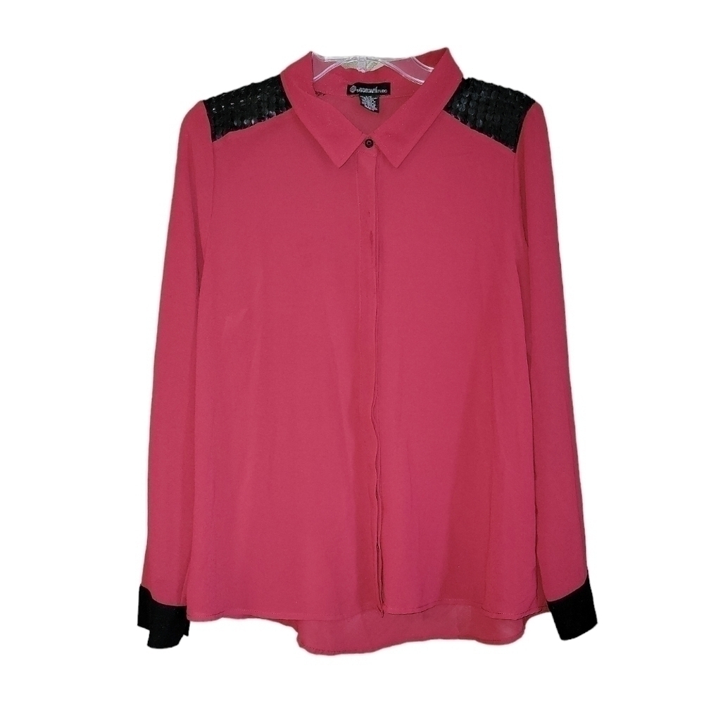 Signature Studio size large polyester button down long sleeve sheer shirt